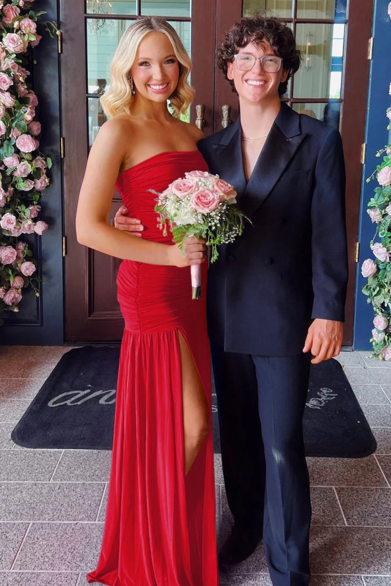 Hot Pink Sheath Strapless Pleated Chiffon Long Prom Dresses