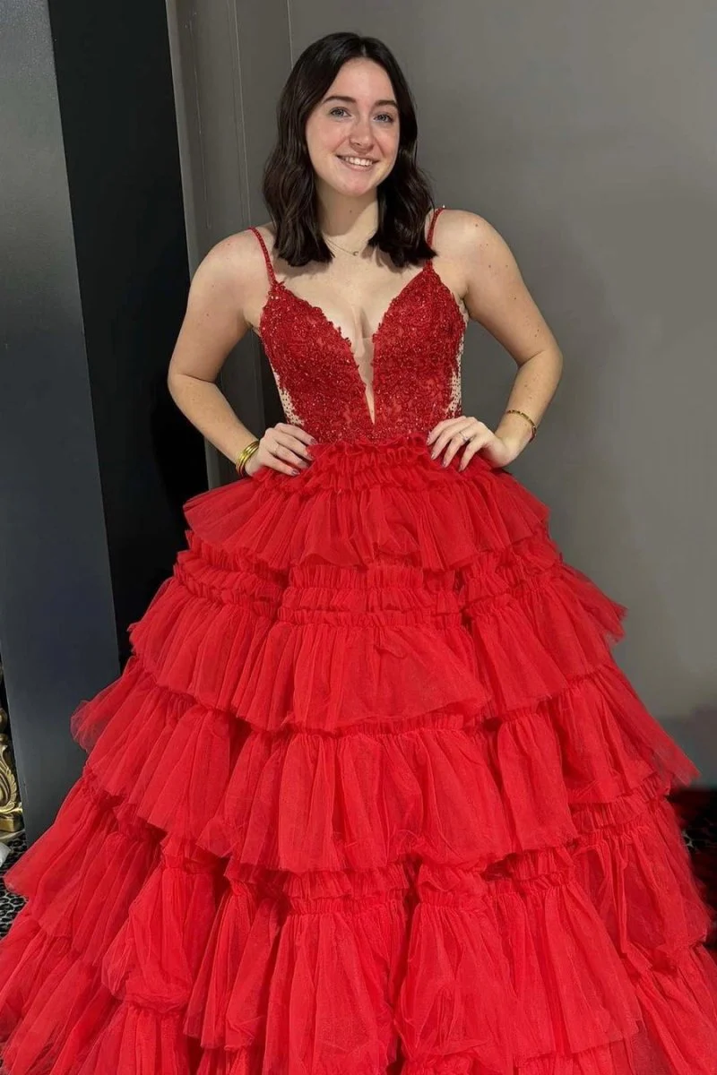 Black Beaded Spaghetti Strap Ruffle Tiered Ball Gown