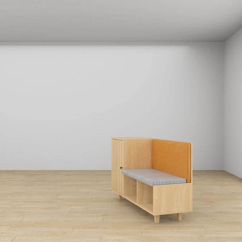 Natural Wood Finish Shoe Cabinet with Houndstooth Bench Seat & PU Backrest – 1-Seat