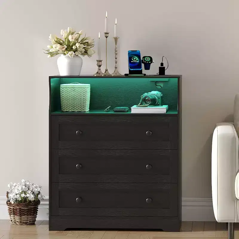 31.5 Wide 3-Drawer Dresser, with Open Storage Shelf for Living Room, Black