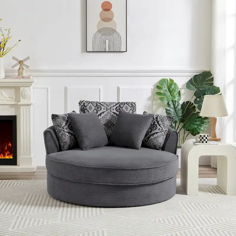 Swivel Accent Barrel Chair with 5 Pillows — 360° Rotation, Corduroy