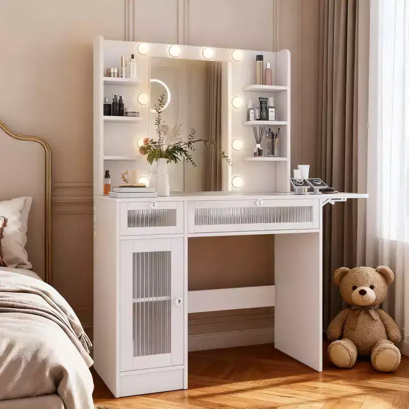 Dyonery Vanity Desk with Mirrors & Lights 3 Colors,White Makeup Desk with Drawers & Cabinet,Transparent Top with 6 Shelves/Power Outlet for Bedroom