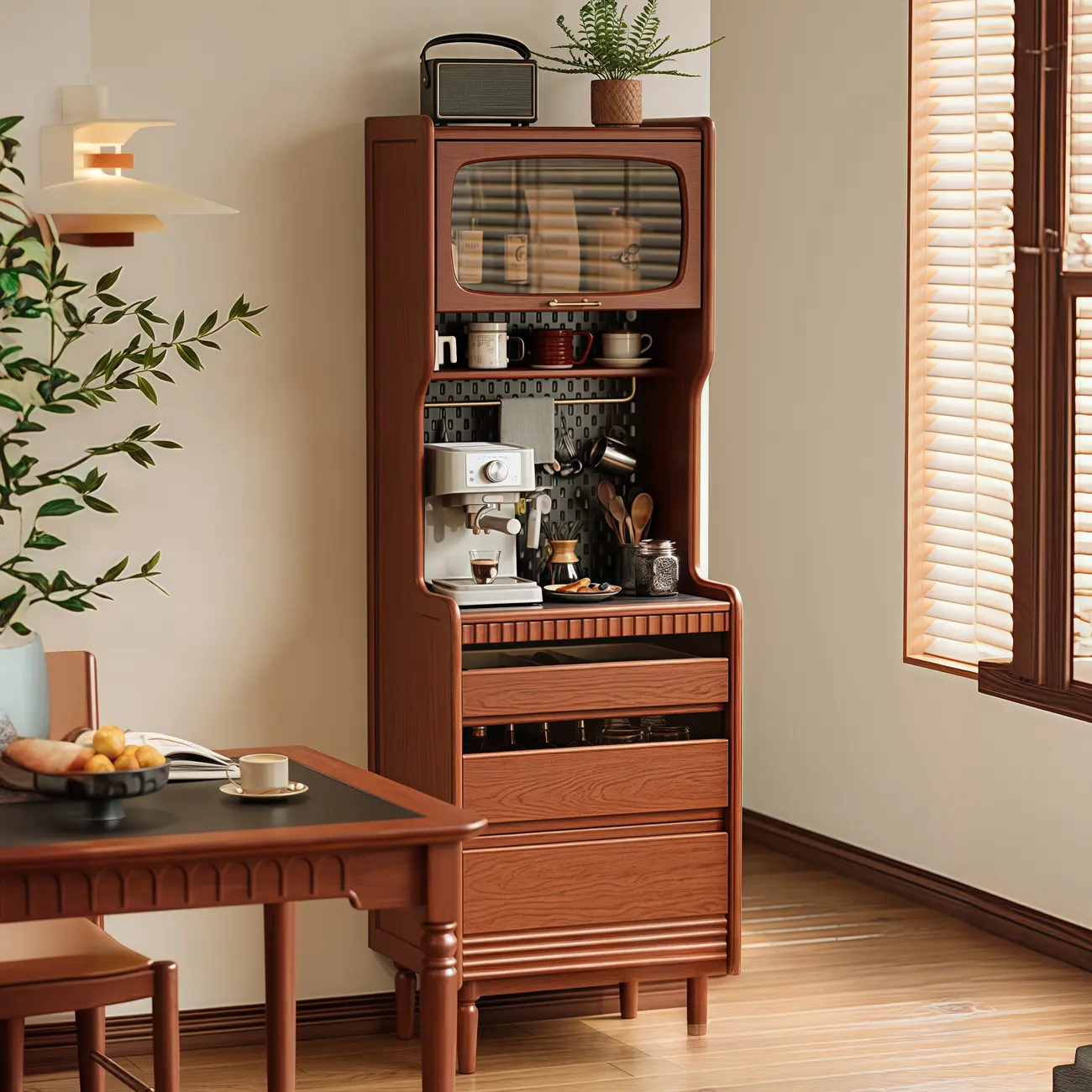 Narrow Brown Marble Countertop Wooden Display Buffet