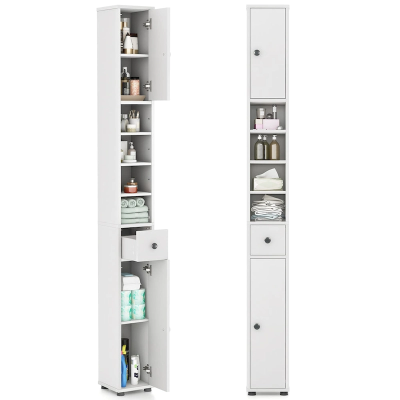 Gymax Tall Slim Bathroom Storage Cabinet Linen Tower w/ Drawer &