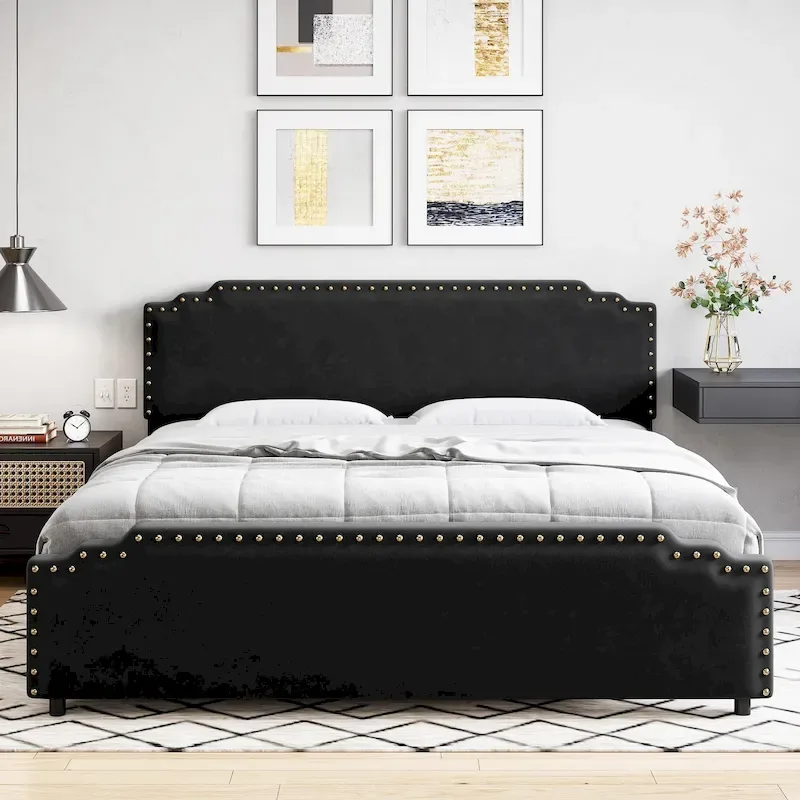 Velvet Upholstered Platform Bed Frame