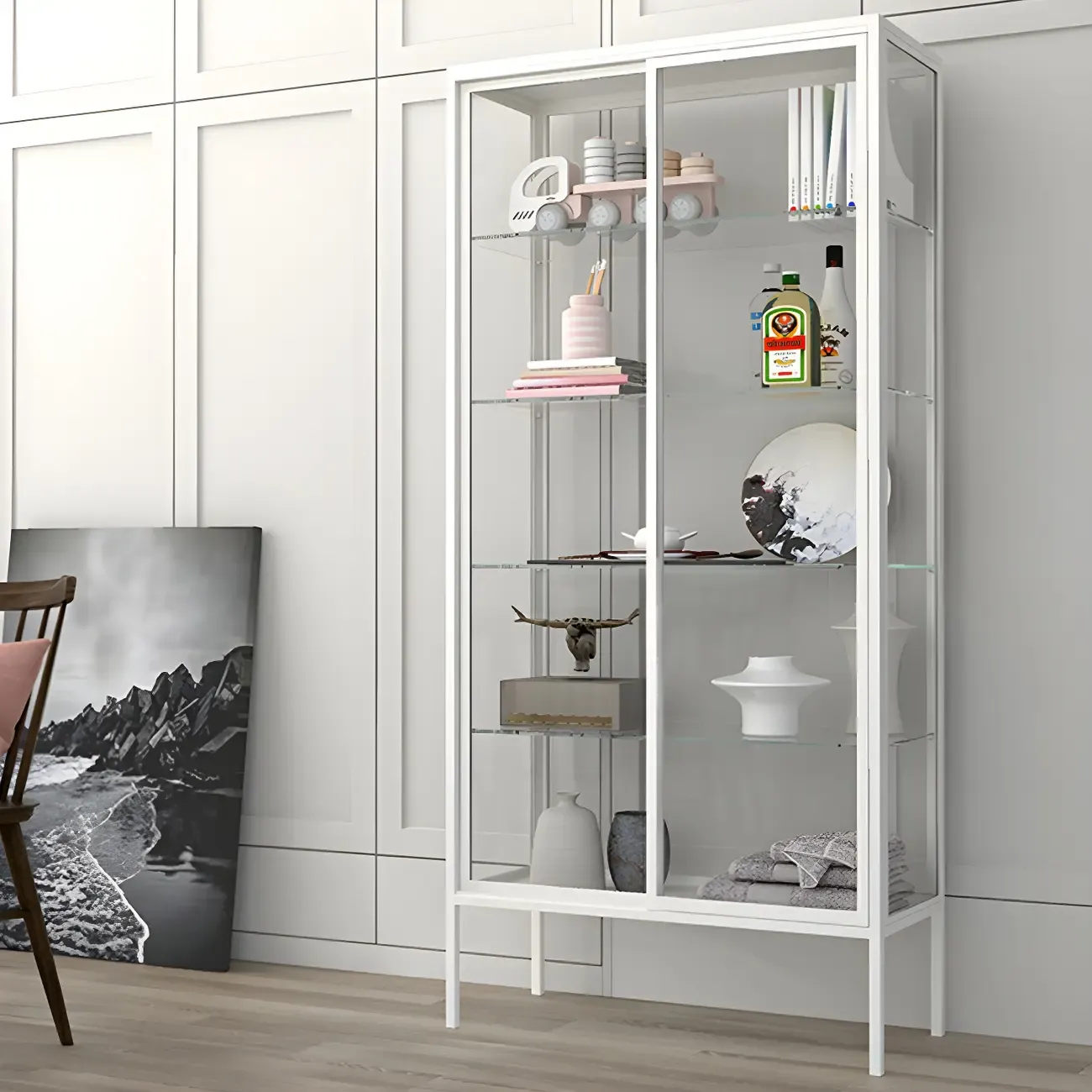 Black Metal Frame Glass Shelves Curio Cabinet