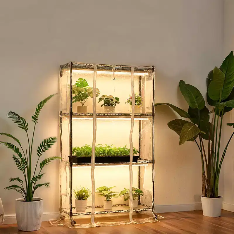 VEVOR Indoor Greenhouse with Grow Light, 59 in Tall 4-Tier Plant Stand with Clear Cover, Timer & Hygrometer, 180W Full Spectrum Grow Lights,Black