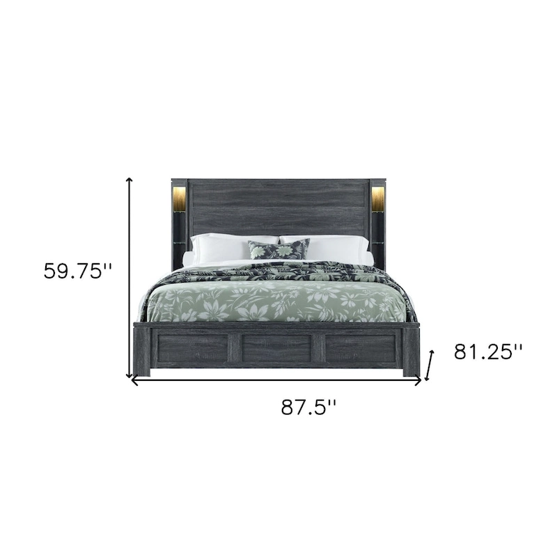 HomeRoots Dark Gray Distressed Wood Lighted King Bed Frame