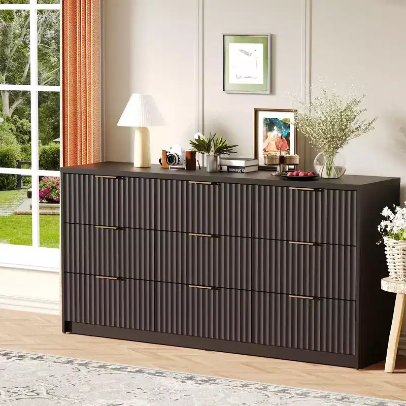 63 Wide 9-Drawer Low-Boy Dresser, Waterproof Wood-Grain Top, Smooth Metal Rails, 75 lb TV Stand, Stable Base, Easy-Clean Handles for Home & Bedroom