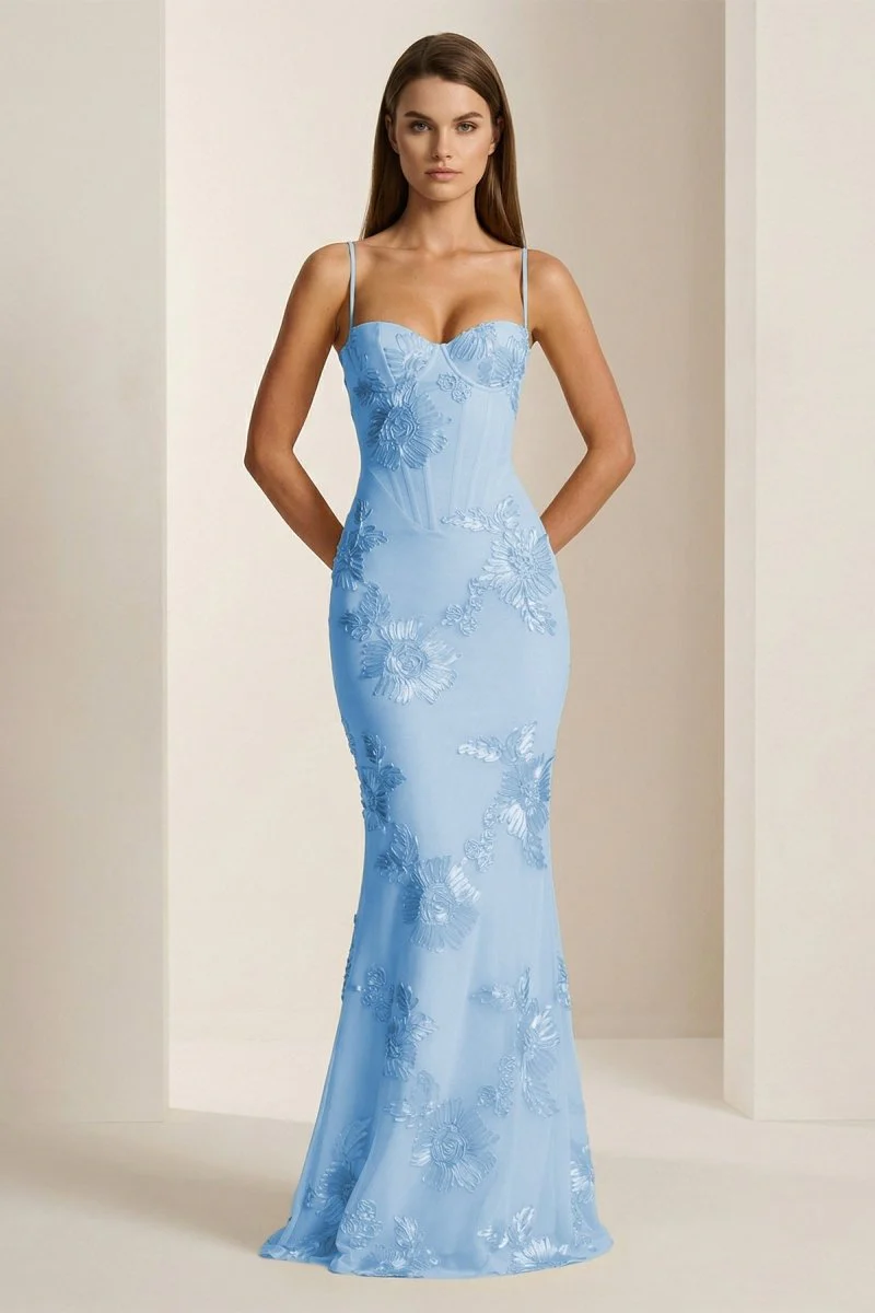 Yellow Spaghetti Straps Sheath Long Prom Dresses With Floral Embroidery