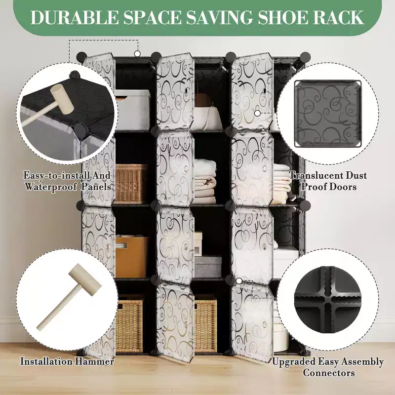 Storage Organizer, Cube Storage  12-Cube Modular Unit with Doors Stackable ABS Plastic Shelves for Home/Office