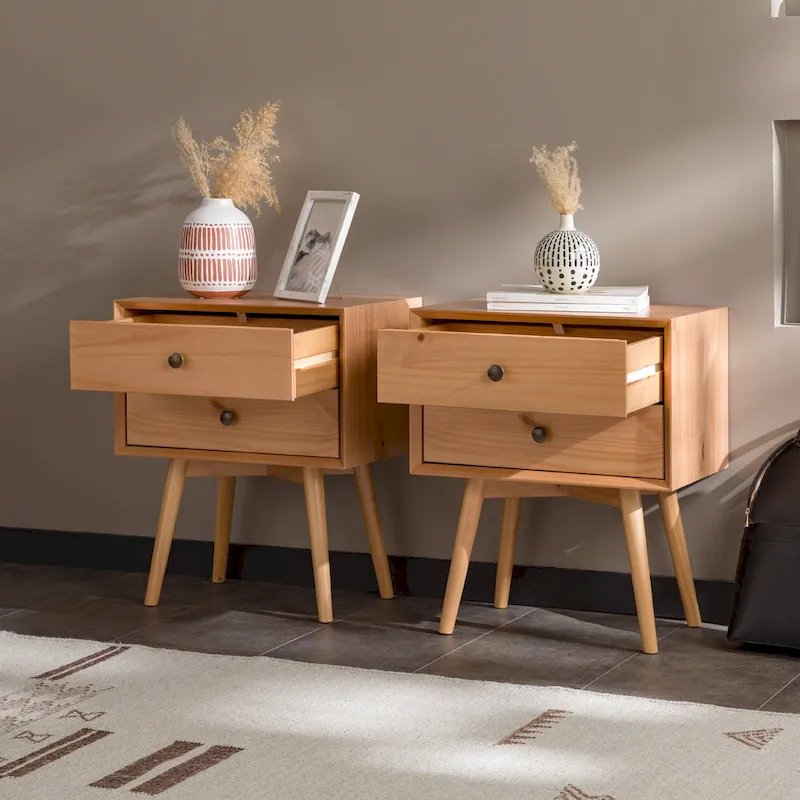 Mid-Century Solid Wood 2-Drawer Nightstand