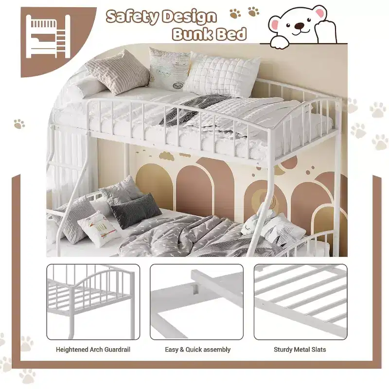 Twin Over Full Metal Bunk Bed, Space Saving Heavy Duty Steel Frame With Arched Guardrail And Ladder, Easy Assembly, No Box Spring Needed