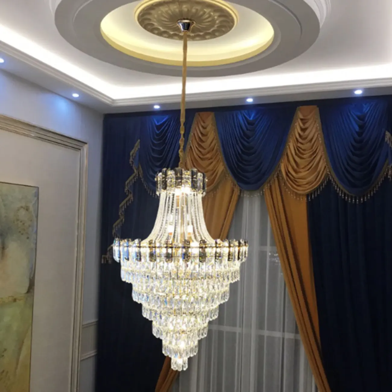 Luxury Long Cascading Crystal Gold Chandelier