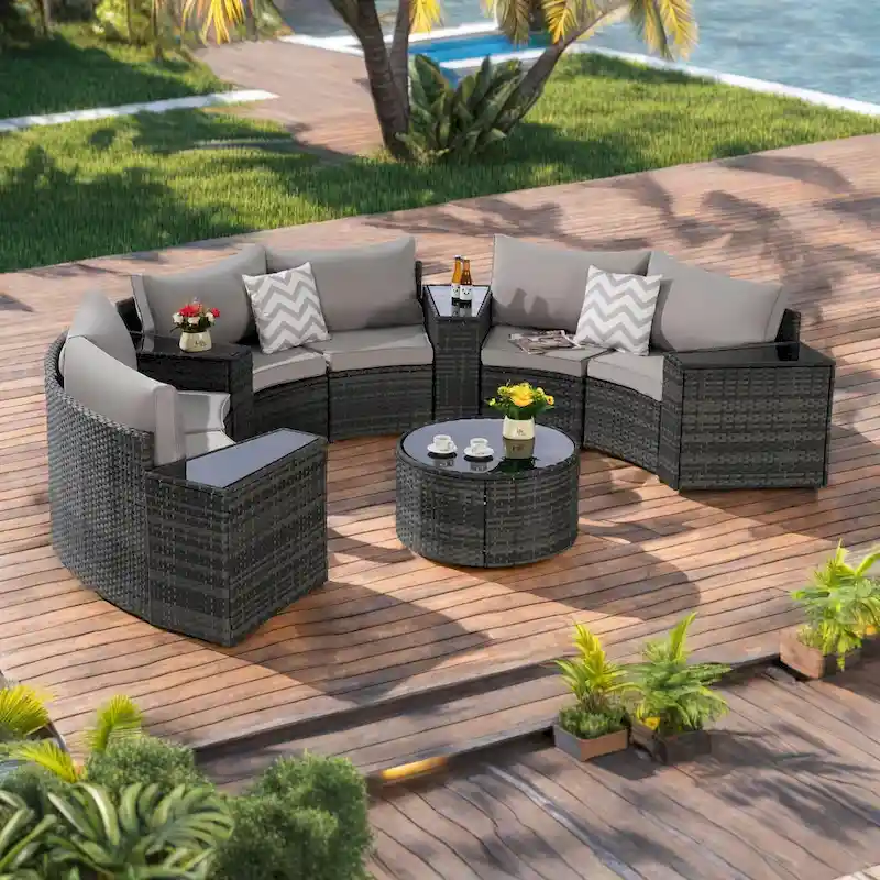 11-Piece Outdoor Half-Round Modular Sectional Sofa Set with Tempered Glass Coffee Table and 4 Side Table