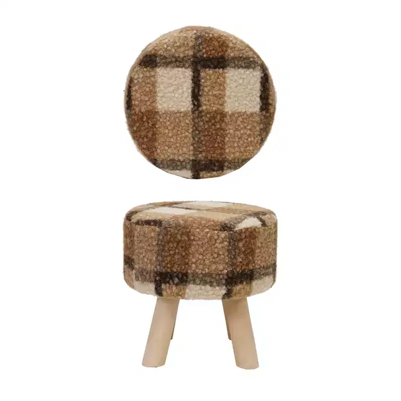 Storied Home Plaid Upholstered Stool with Pine Wood Feet, Multicolor Plaid