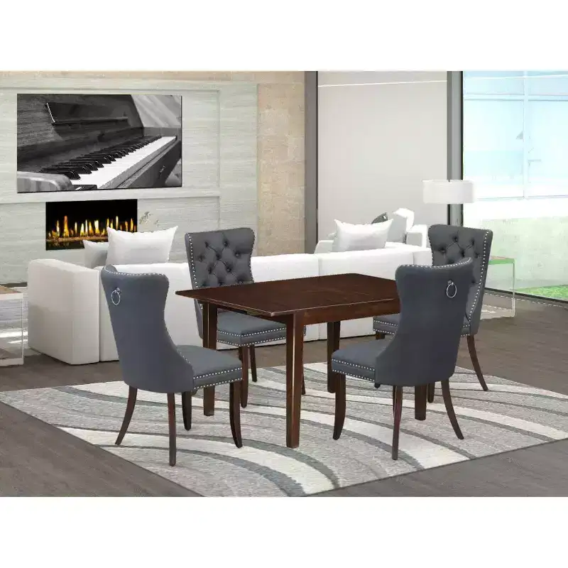 5-Piece Mahogany Finish Solid Wood Top - Rectangular Upholstered Dining Room Set - Seats 4