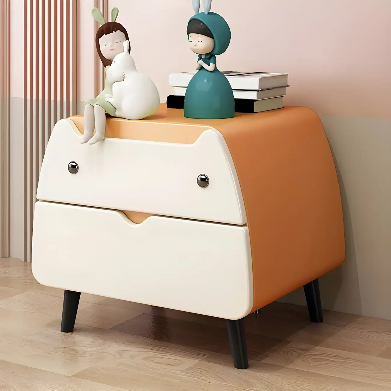 Pink Cute Cat Shape Scandinavian Nightstand with 2 Drawers
