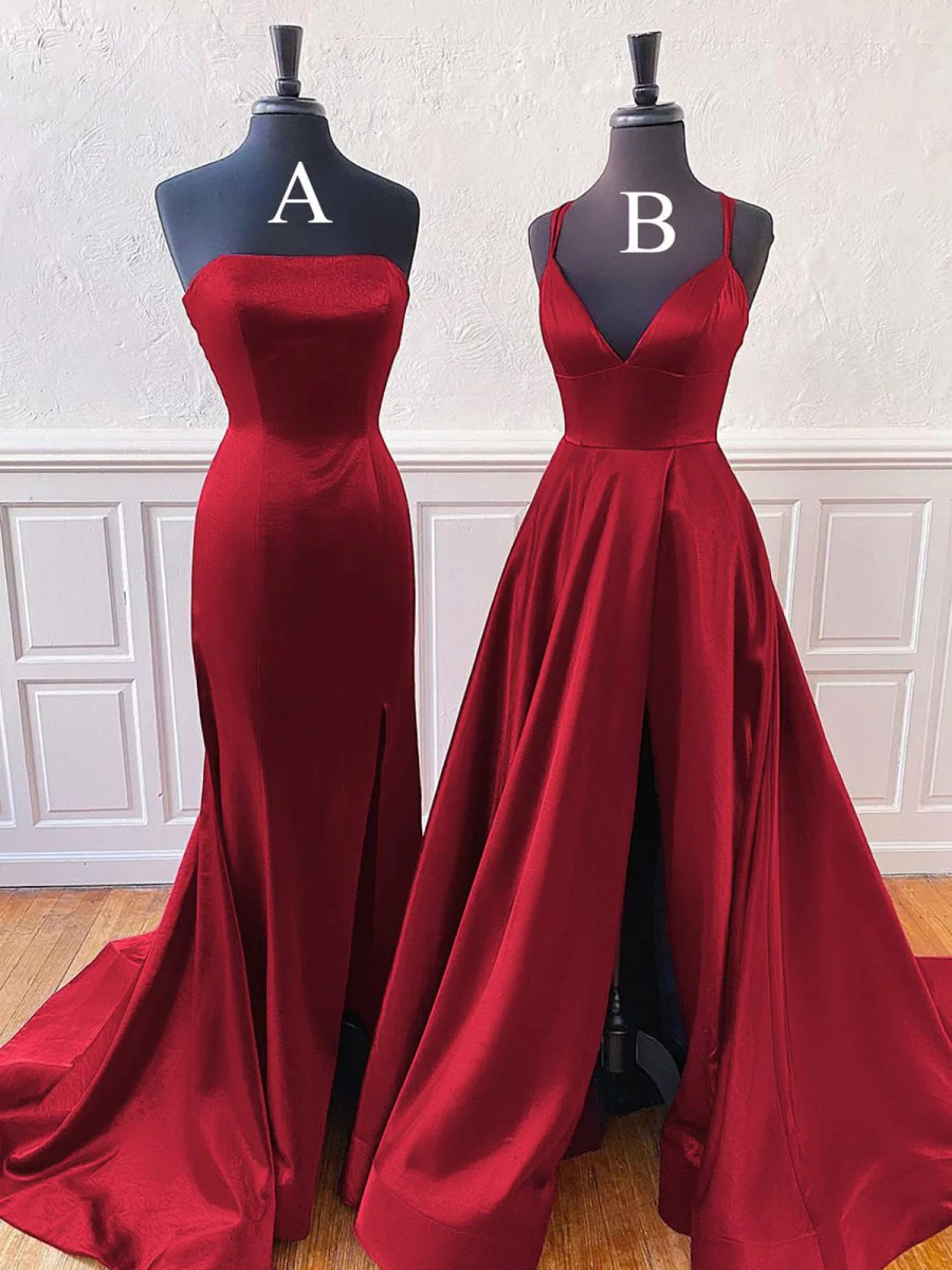 Burgundy Sleeveless Satin Long Prom Dress With Split