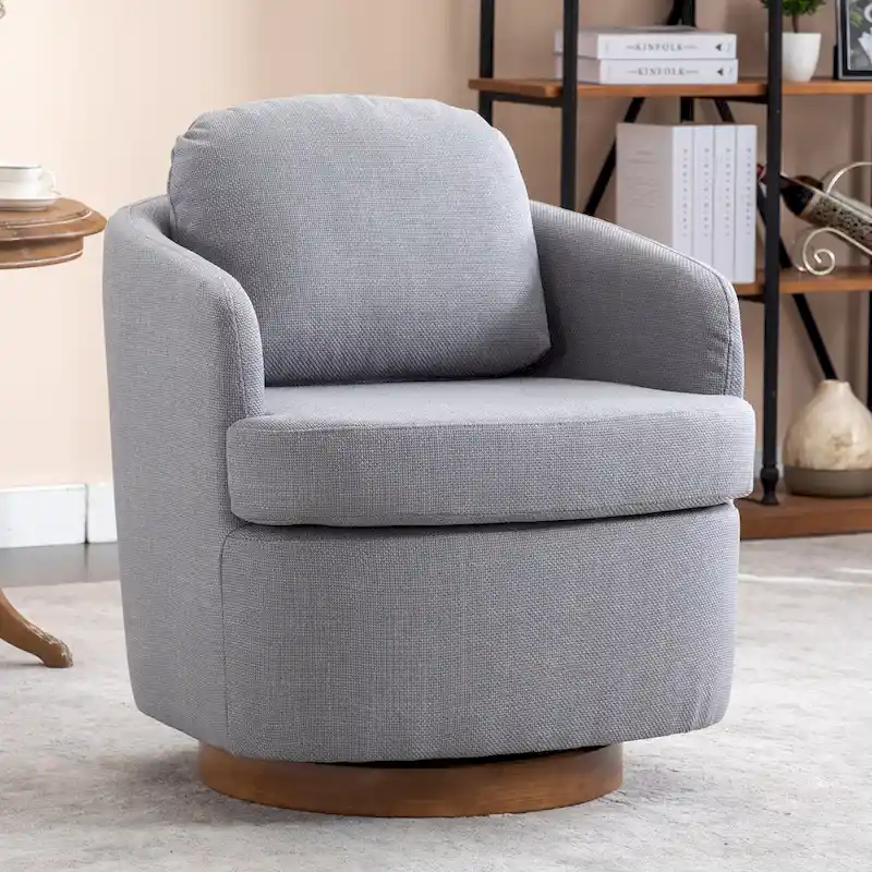 Light Blue Linen Upholstered Swivel Accent Chair with Round Wood Base – Modern Style, Seats 1