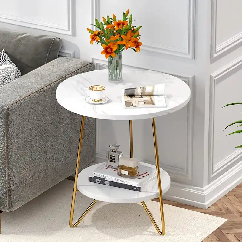 Round End Table, 2 Tier Wood Sofa Side Table for Living Room Bedroom