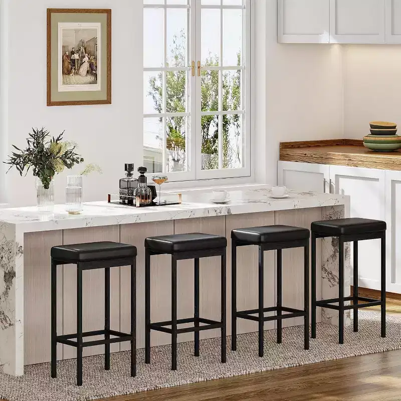 ACOINEL Bar Stools Set of 2, 24.8-Inch Breakfast Bar Chairs, Kitchen Stools with 2 Thick PU Upholstery, Black Bar Counter Stools