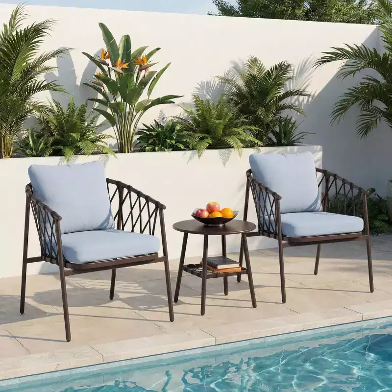 LAUSAINT HOME 3 Pieces Patio Bistro Set, Woven Rope Chairs with Cushions, Outdoor Furniture Set and Side Table