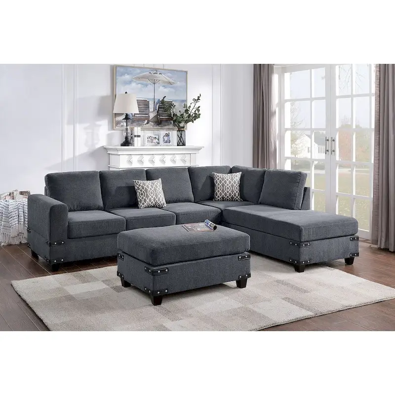 3 Piece Fabric Sectional Sofa with Ottoman