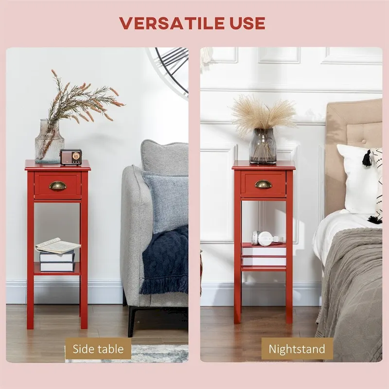 2-Tier Narrow Side Table with Drawer and Bottom Shelf