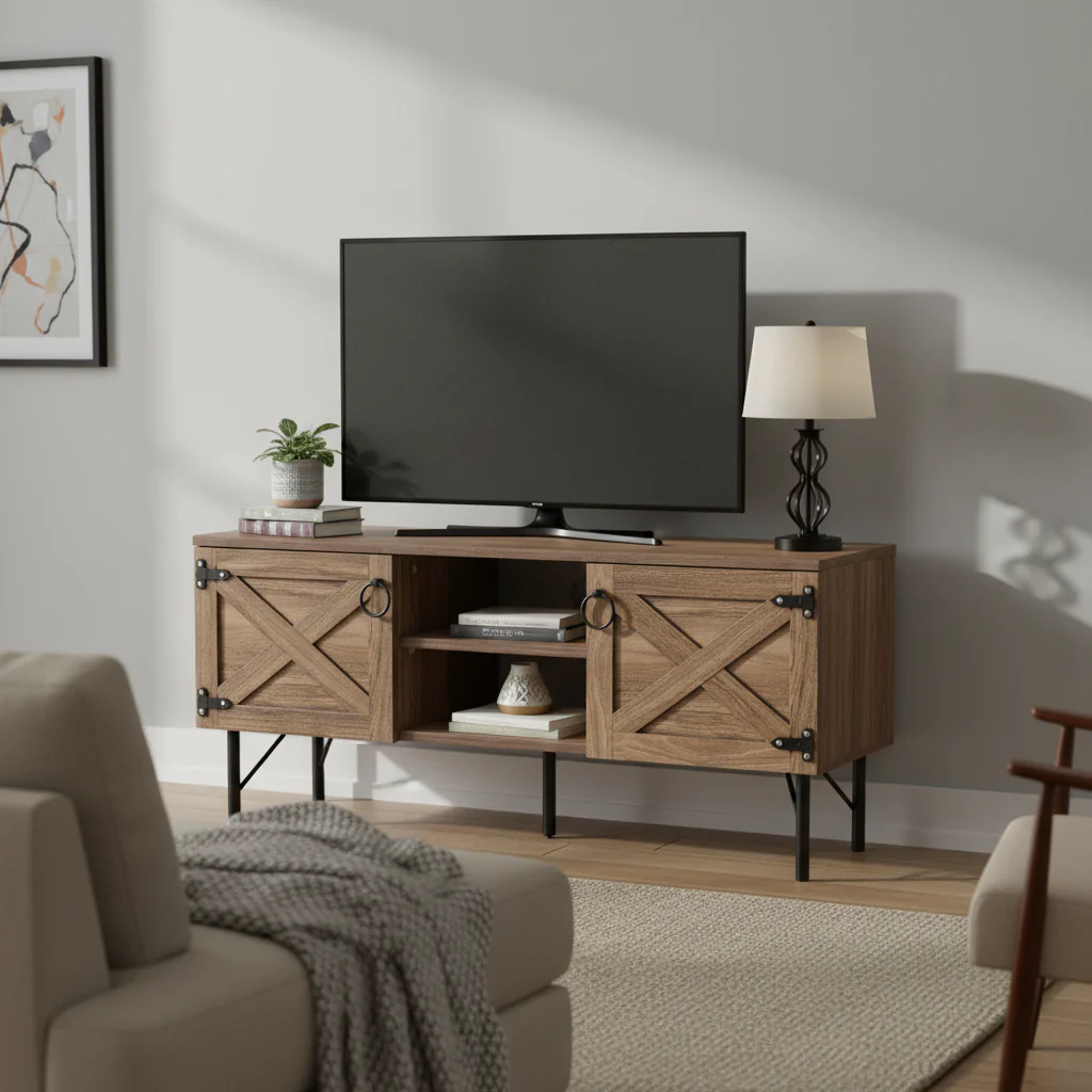 Modern TV Stand with 2 Doors Storage Cabinets, Living Room Enter nment Center