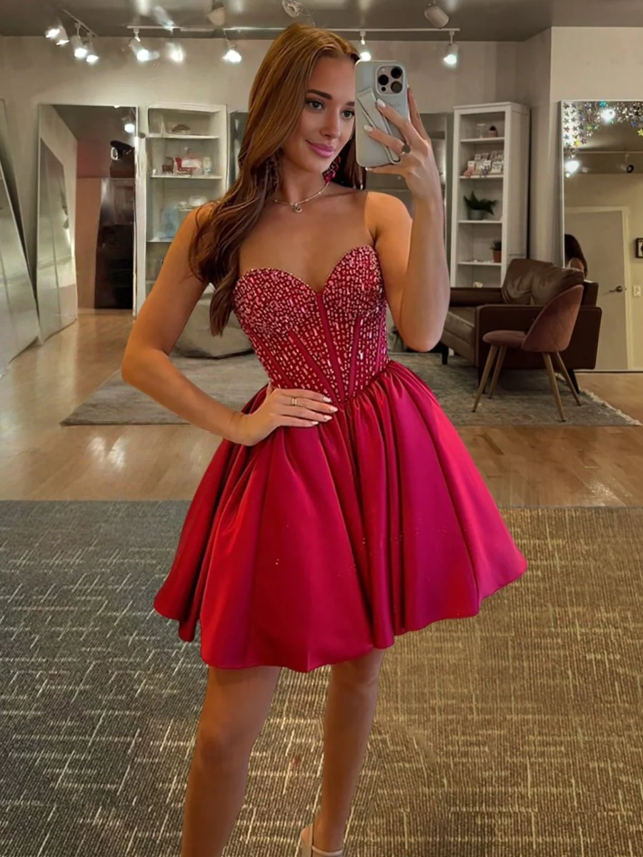 Red - Strapless Satin A Line Short Homecoming Dresses With Beading
