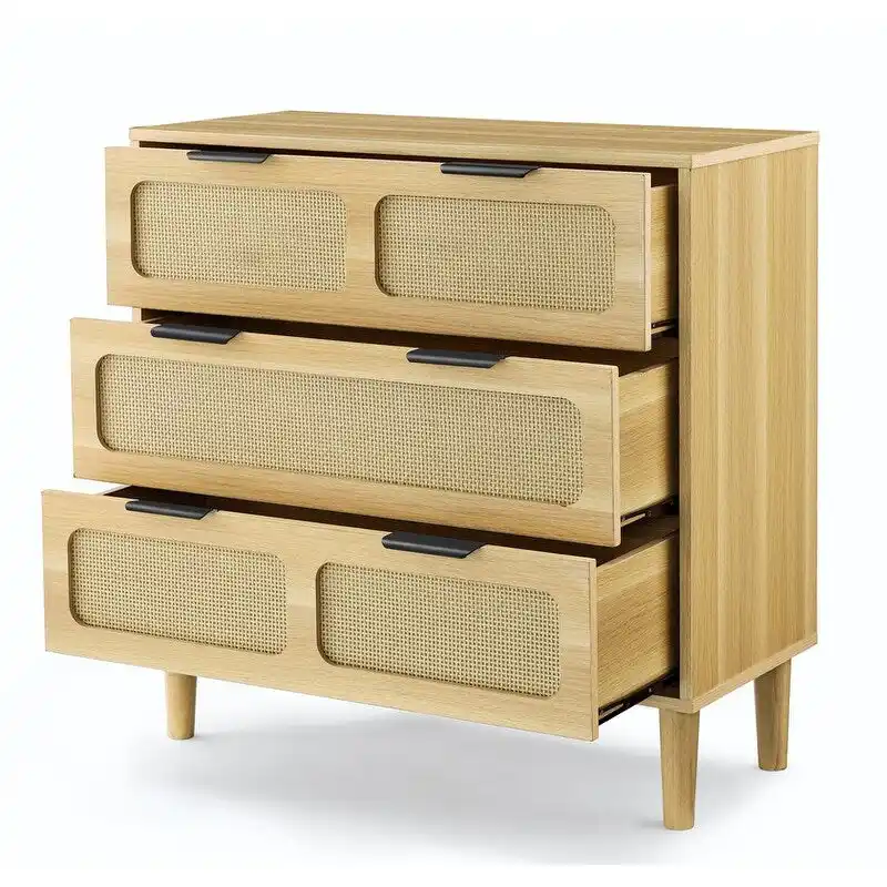 Grondin Mid-Century Modern Boho Style 3 Rattan Drawers Chest with MDF Frame and Solid Wood Legs, Chest of Drawers