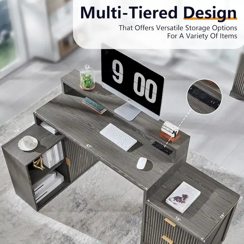 67 Modern L Shaped Desk, Wood Home Office Desk with Charging Station