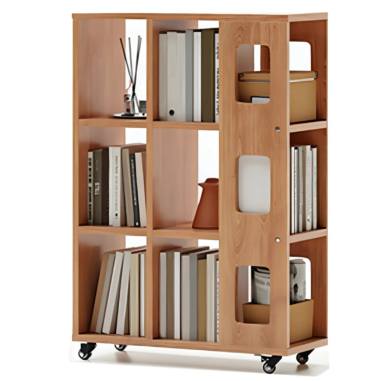 Mid-Century Nut-Brown Wood 5-Tier Bookcase on Wheels