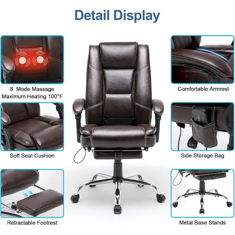 Ergonomic Heated Executive Office Chair with 2/4/6-Point Massage, Retractable Footrest, and PU Leather