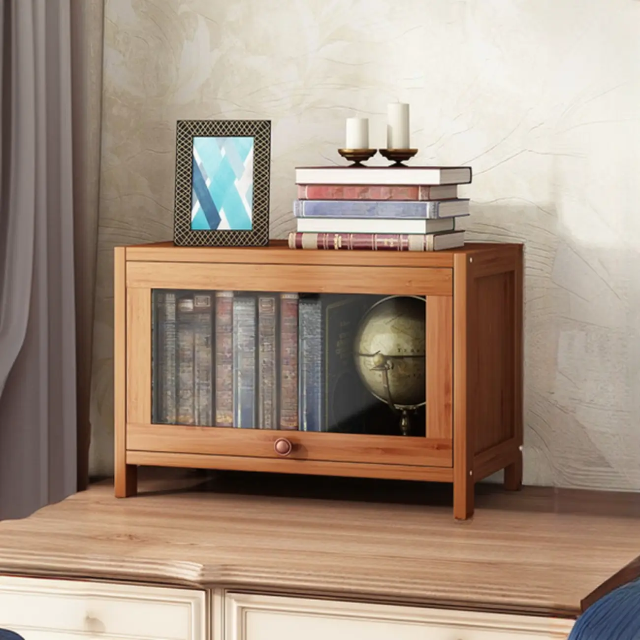 Pecan Wood Closed Back Organizer with Glass Doors