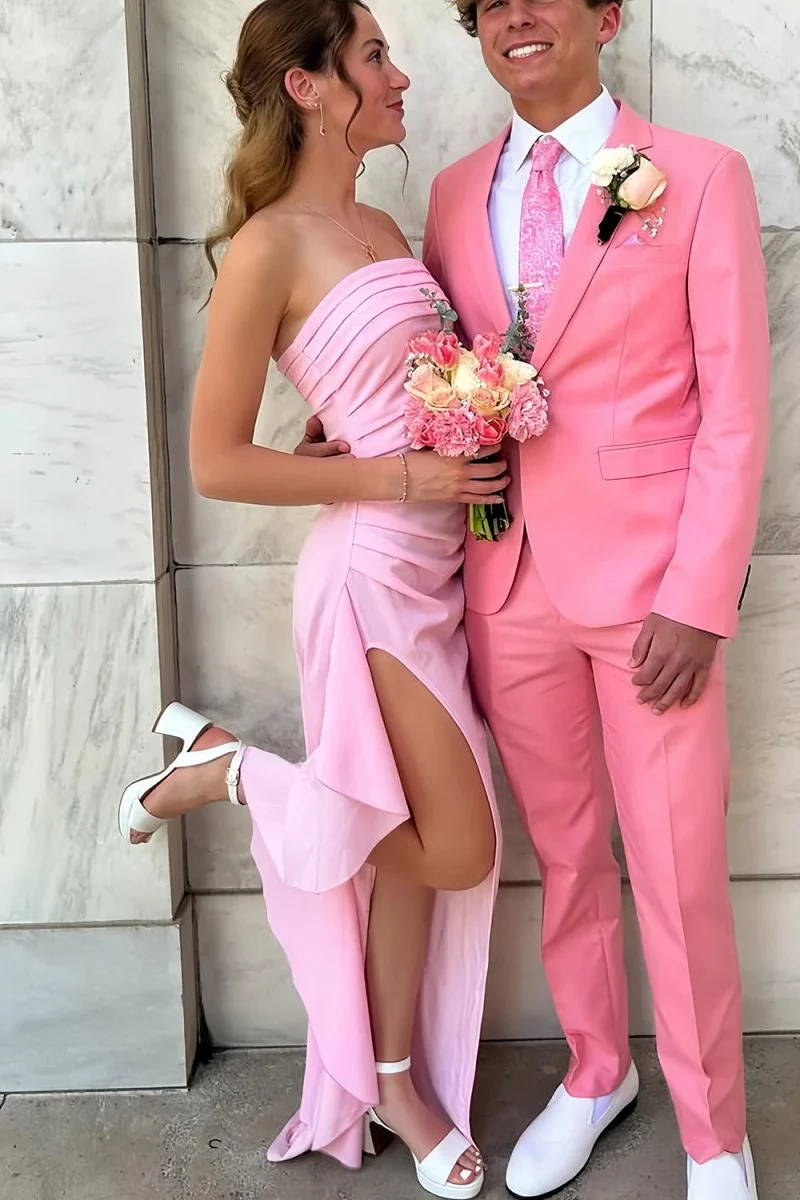 Pink - Mermaid Strapless Satin Pleated Long Prom Dress with Slit
