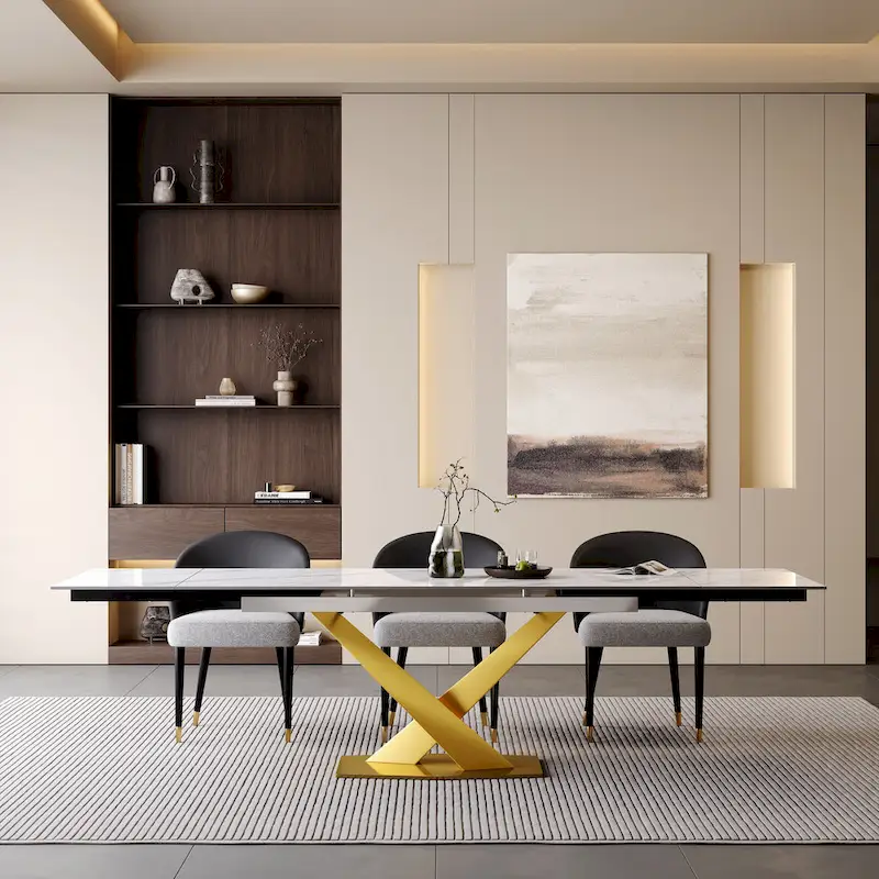 9 - Piece 94.48  Rectangular Extendable Sintered Stone Dining Table with 8 Faux leather Chairs Dining Set