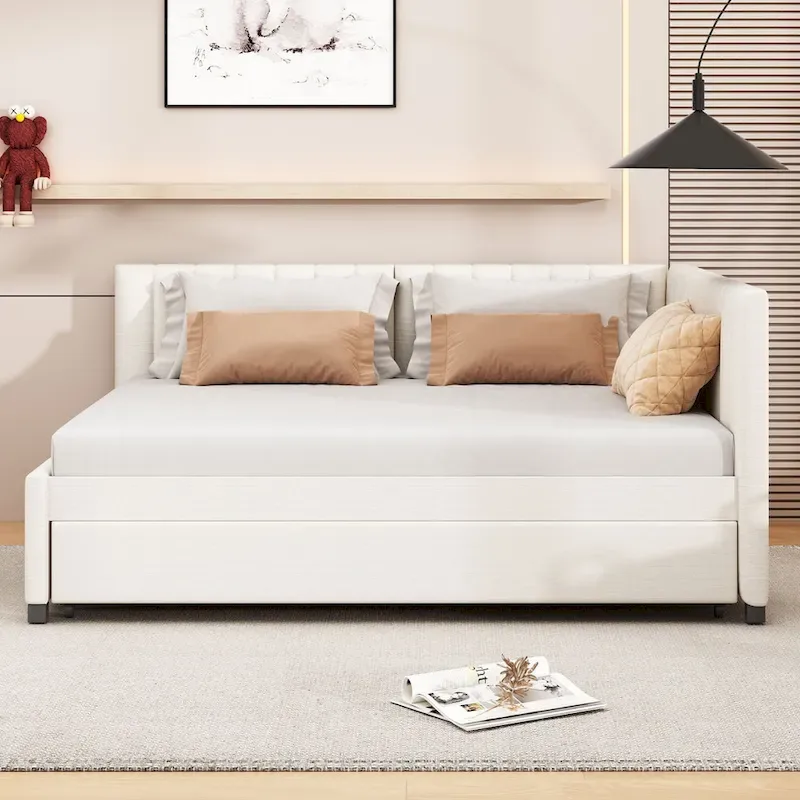 Full Size Upholstered Daybed with Trundle Sofa Bed Frame No Box Spring Needed, Linen Fabric, Beige