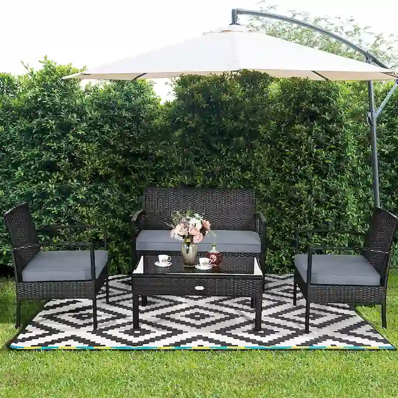 Costway 4PCS Patio Rattan Wicker Furniture Set Loveseat Sofa Cushioned