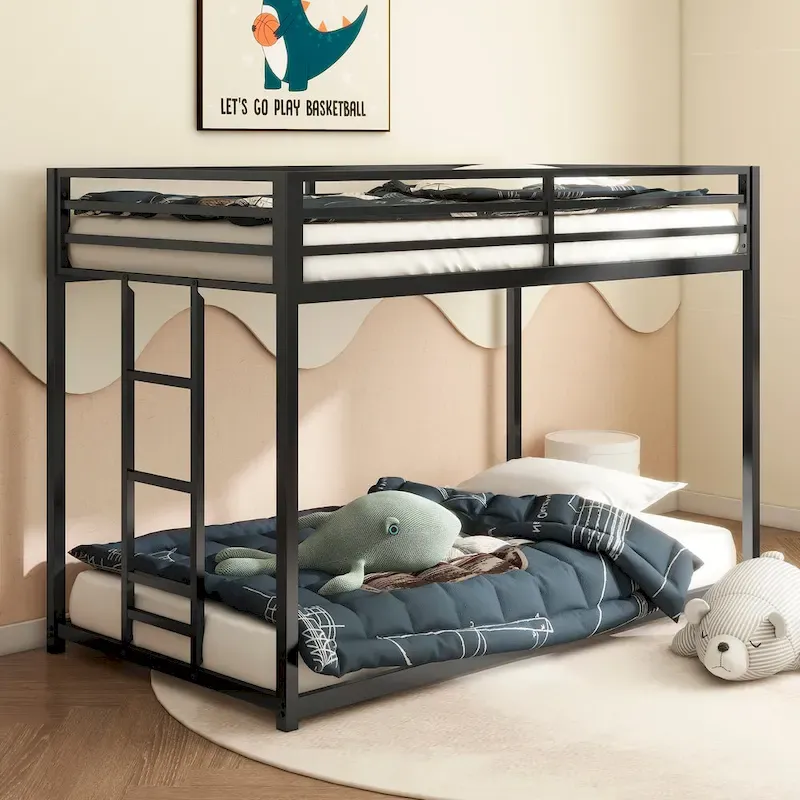 Sturdy Twin over Twin Bunk Bed Metal Black for and Adult, Low Profile Twin over twin bunk bed with Ladder and Guardrails