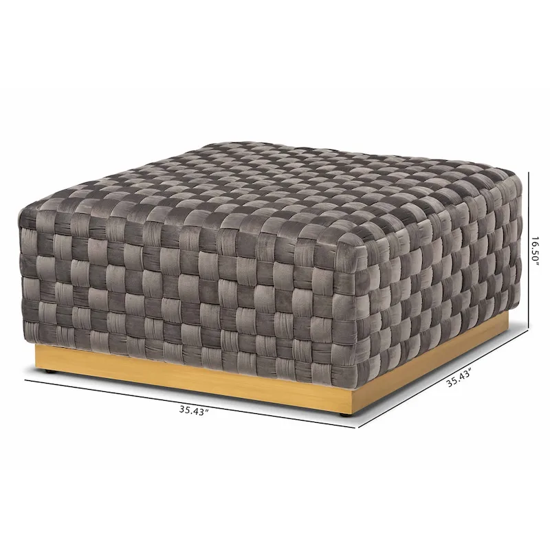 Grey Velvet Square Cocktail Ottoman with Gold Base