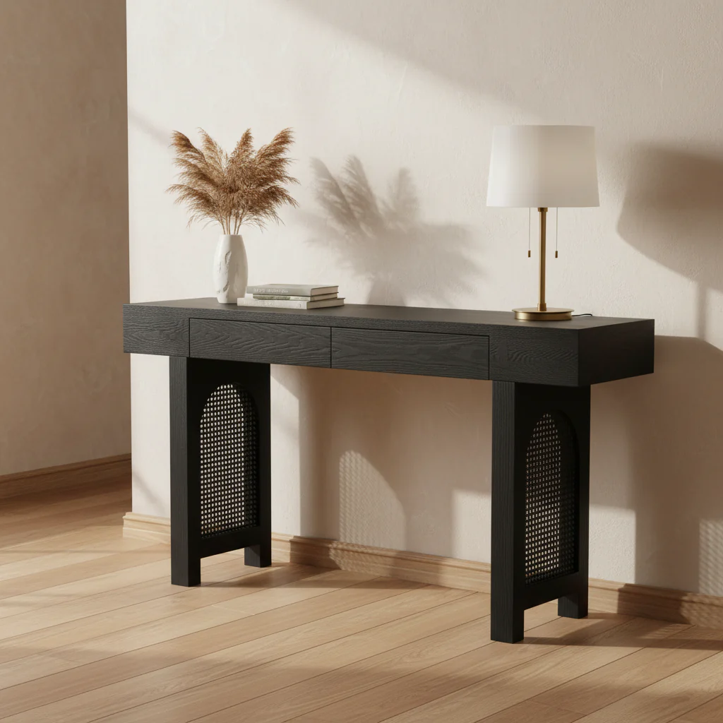 Narrow Console Table with Rattan Accent(Antique Black)