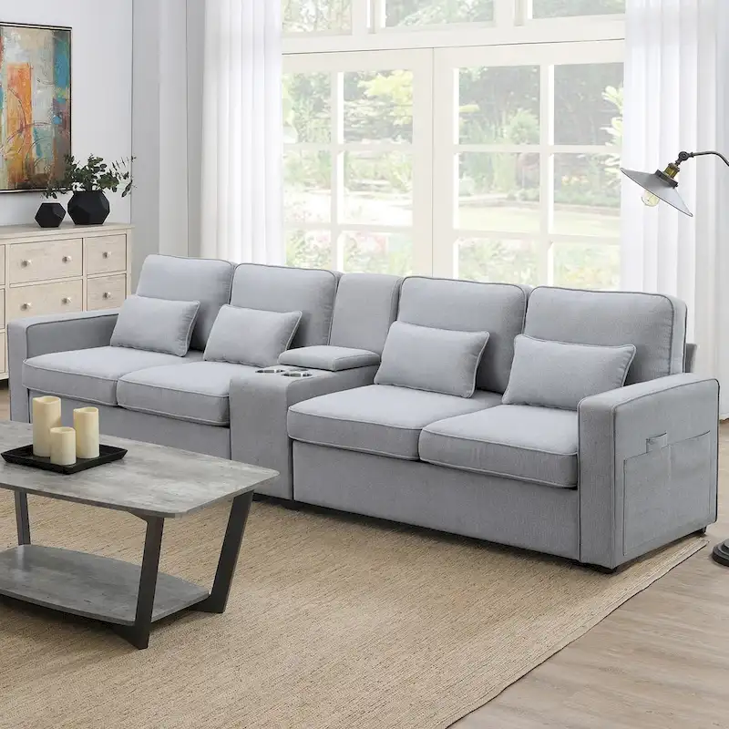 Modern Linen Fabric Upholstered Sofa with Console, 4Pillows,Cupholders,USB