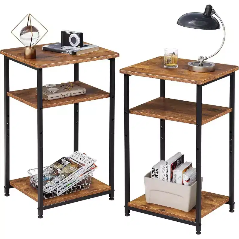 DEXYLLO Side Tables Set of 2, Small End Table, Adjustable 3-Tier Bedside Table with Sturdy Metal Frame, Tall Nightstand for Bedroom, Living Room