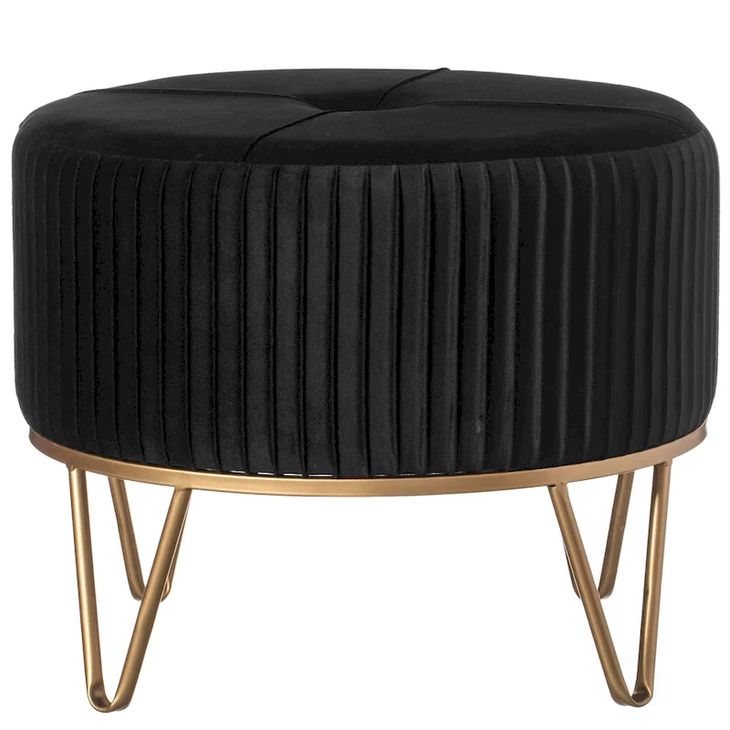 Round Velvet Ottoman Stool Raised with Hairpin Gold Base