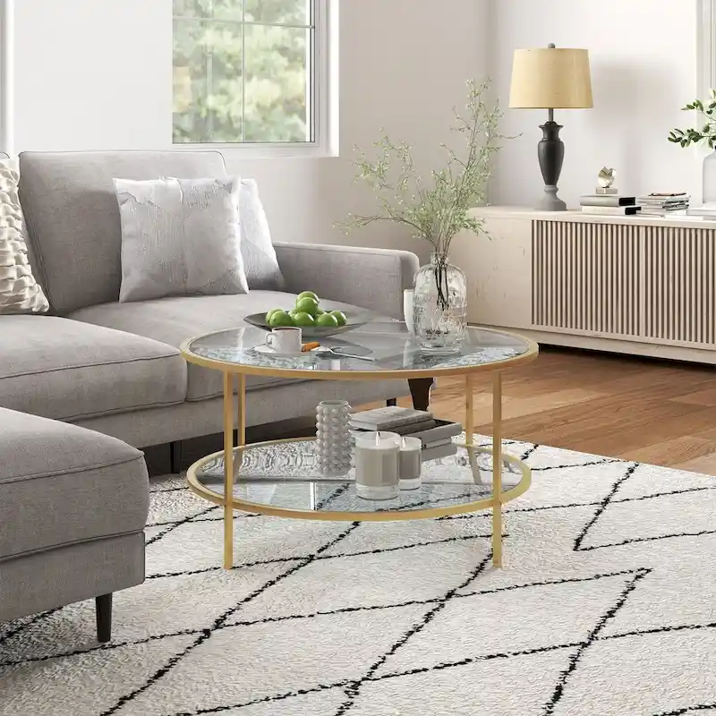 Gold Modern Round 2-Tier Tempered Glass Side Table with Steel Frame
