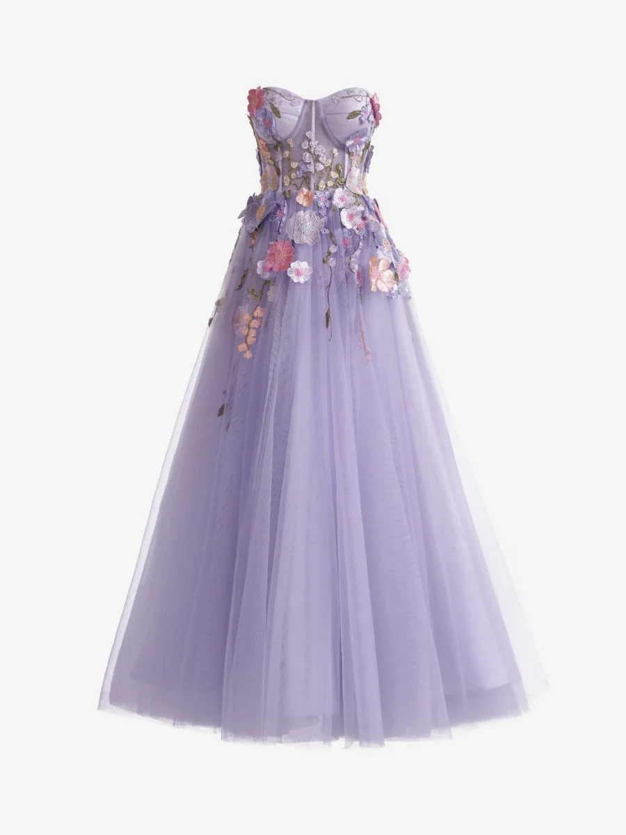 Lavender A-Line Strapless Tulle Homecoming Dress With 3D Flowers