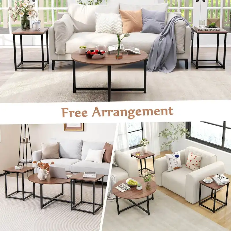 Costway 3 PCS Coffee Table Set Round Coffee Table and 2PCS Square End - See Details