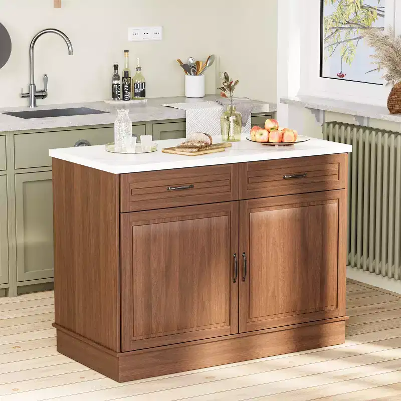 EROMMY 48 Island Table For Kitchen, Classic Kitchen Island Cart With Storage, Marble Countertop, Walnut Wood Grain And 2 Drawers & 2 Cabinets